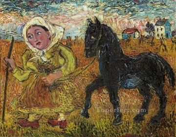 子供のための黒い馬と黄色いドレスを着た女性 1951 Oil Paintings